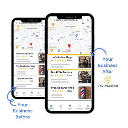 Before and After: Low Google Review Rating vs. High Google Review Rating with ReviewBoost Google Review Plaques